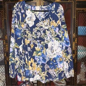 Chico’s Blue & Yellow Floral Long Sleeve Blouse Size 2 (Large)